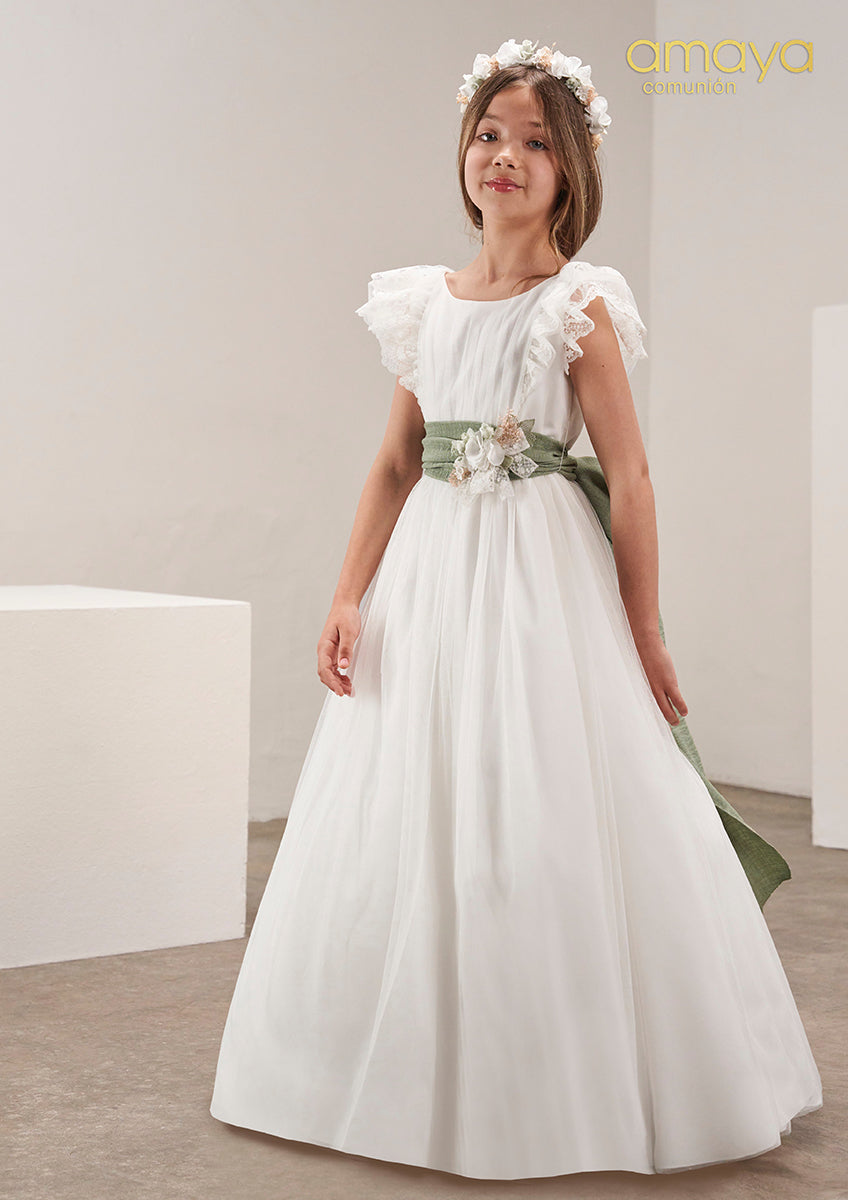 Vestido comunion manga corta en tul y cascada amaya
