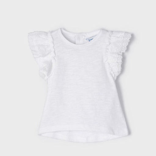 Camiseta blanca ECOFRIENDS manga volante bebé niña. Mayoral