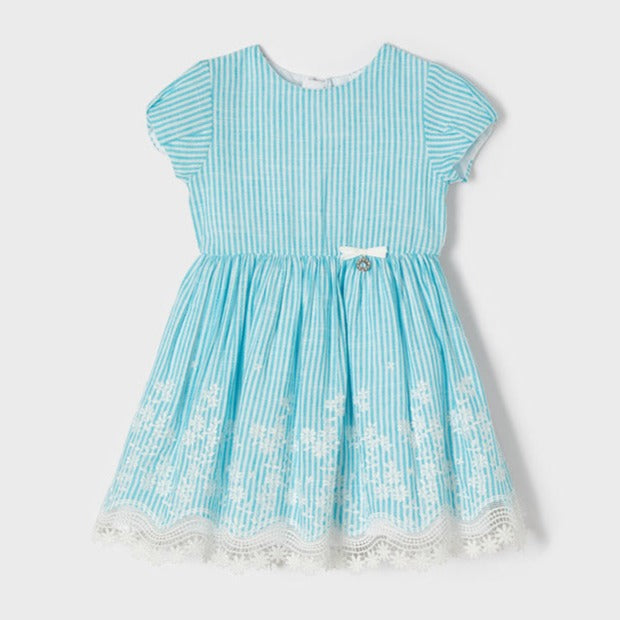 Vestido niña lino bordado niña color turquesa. Mayoral